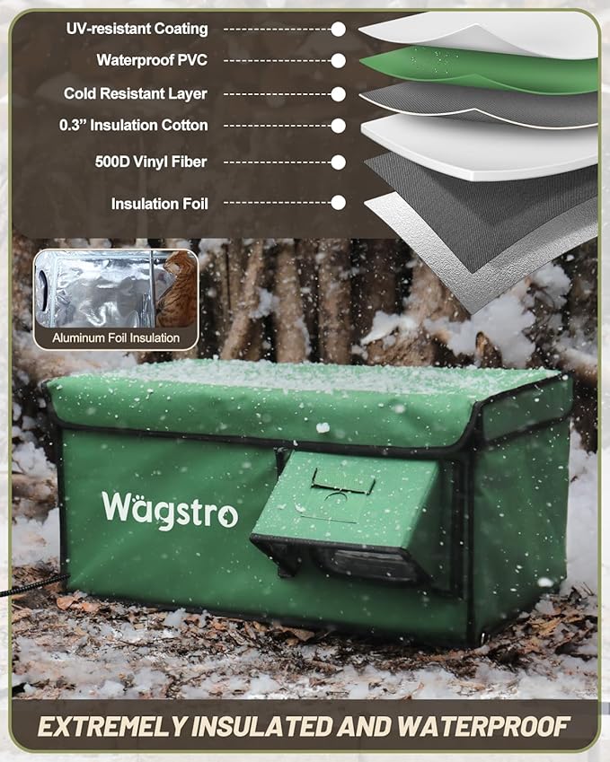 Heated Cat House for Outside, Waterproof Awning & Escape Door Heated Cat Houses for Indoor/Outdoor Cats in Winter, Elevated & Insulated Outdoor Cat Shelter for Feral Cat(Green, 16.5"x12.6"x13")