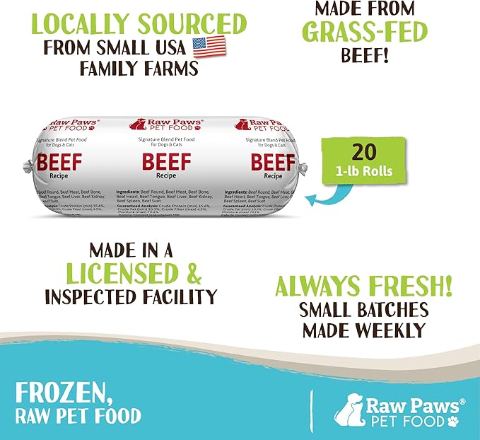 Raw Paws Signature Blend Pet Food for Dogs & Cats - Beef Recipe, 1-lb Rolls (20 Pack) - Fresh Pet Food Made in USA, Grass-Fed Beef, Natural Dog Food Rolls, Raw Frozen Dog Food & Cat Food