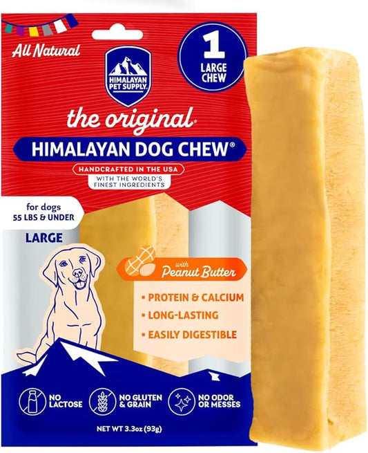 Himalayan Dog Chew Original Yak Cheese Chew, Peanut Butter, 1 Large Stick, 3.3 oz, Gluten Free, Healthy Treats, Grain & Lactose Free 100% Natural, Long Lasting Chews for s Under 55 lbs