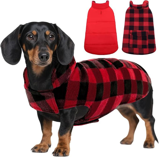 ASENKU Dog Winter Coat, Fleece Doggie Jacket Plaid Reversible Vest Waterproof Windproof Cold Weather Clothes for Small Medium Large Dogs(Red S)