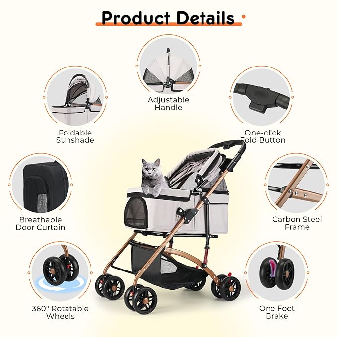 3-in-1 Foldable Pet Stroller for Medium Dogs & Cats up to 50lbs – Detachable Carrier & Car Seat with Storage Basket, 5” Lockable Wheels – All-Terrain Design for Jogging, Walking, and Travel (Grey)