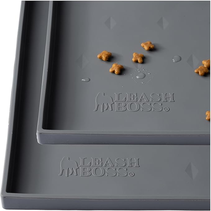 Leash Boss Dog Food Mat - 2-Pack, Waterproof Cat & Dog Bowl Mat for Food and Water, Silicone Pet Feeding Mats for Floors, Non-Slip Placemat with High Edges, Puppy Essentials (Small: 18"x11", Gray)