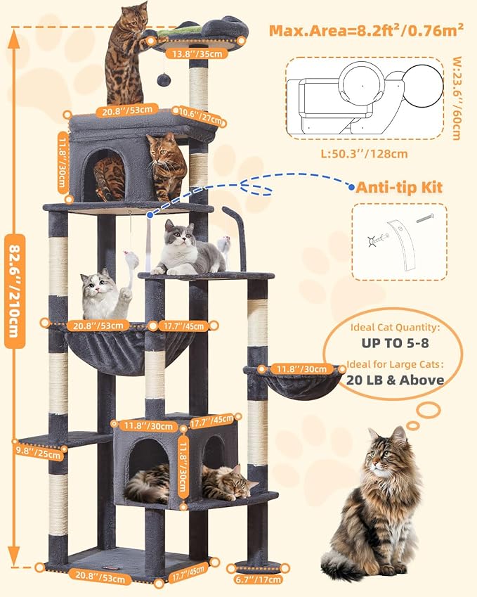 Taoqimiao 83In Heavy Duty Cat Tree, Suitable 20lb+ Large Cats, XXL-Cat Tower for Indoor Cats Large Adult, 2 Luxurious Cat Cando with 8 Scratching Posts,Oversized Metal Hammocks,Smoky Gray MS032G