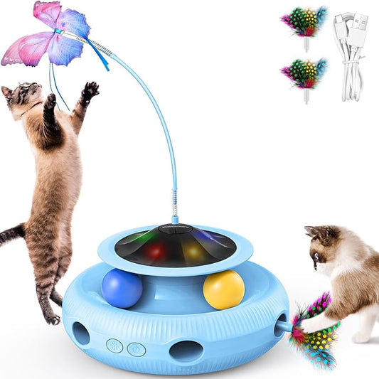 Interactive Cat Toy 3 in 1 Automatic Cat Toy for Indoor Cats, Electric Kitten Toy with Rechargeable Battery, Self Play Kitty Toys with Rotating Fluttering Butterfly,Track Ball and Ambush Feather,Blue