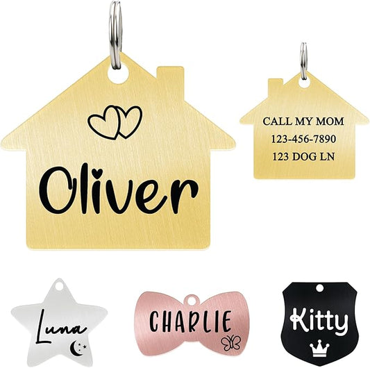 Ultra Joys Cat ID Tag Personalized Pet Tags, Durable Stainless Steel Small Pet Mini Dog Cat Tag Lightweight - House Tag in Gold