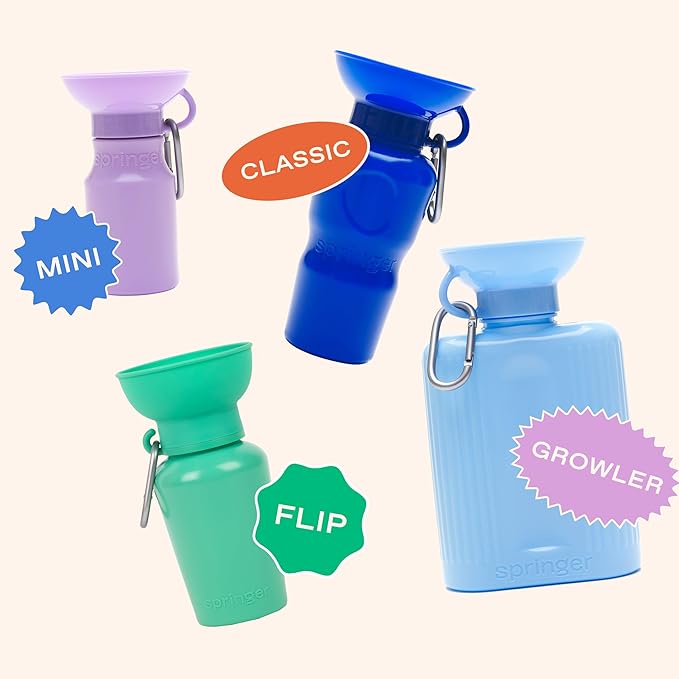 Springer by Springland Flip Portable Dog Water Bottle with Foldable Food Grade Silicone Bowl - 20 Ounce Travel Dog Water Bottle Ideal for Camping - Easy Squeeze Hydration & Release to Drain