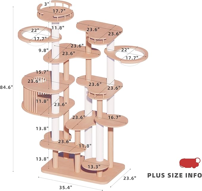 Downpat Cat Tree 84.6" Solid Wood Multi-Level Cat Tower with Condo,Cat Scratching Post,Jumping Space,Furniture Suitable for Cats (with Cat Scratching Mat Pad Anti-Slip Mat)