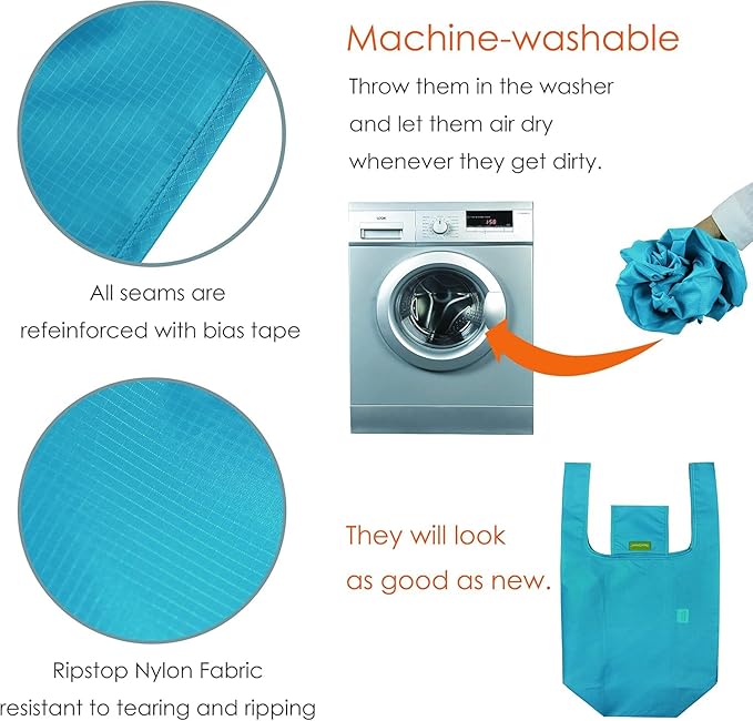 BeeGreen Light Blue Reusable Shopping Bags Wholesale Reusable Grocery Bags Bulk with Elastic Band Foldable-Machine Washable with Zipper Storage Pouch 20 Pieces