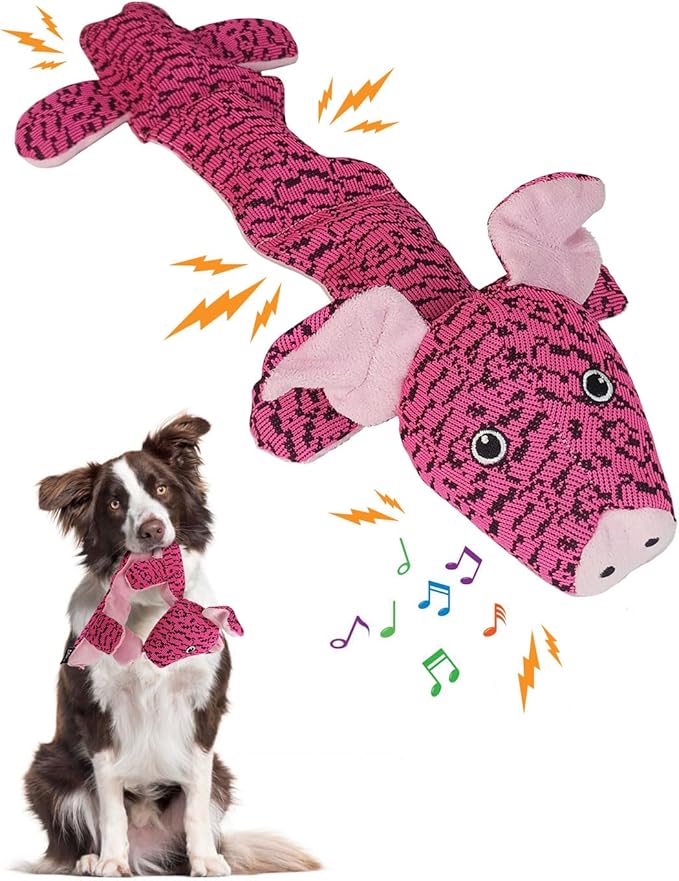 Squeaky Dog Toys for Large Dogs, Durable Plush Chew Toys for Aggressive Chewers, Interactive Tug of War Toy, Tough Teething Gift to Keep Them Busy and Relieve Boredom (Pink Pig)