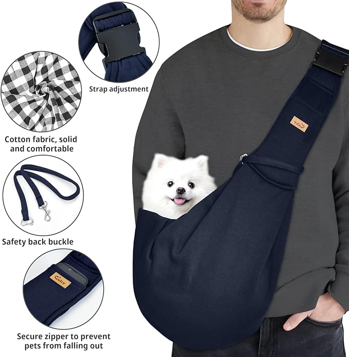 CUBY Dog and Cat Sling Carrier, Hands Free Reversible Pet Papoose Bag, Soft Pouch Adjustable, Suitable for Puppy Cats for Outdoor Travel (Blue, M-Adjustable Strap)
