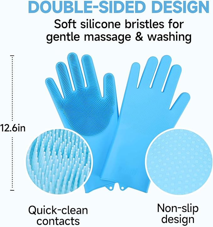 Dog Washing Gloves - Quick Drying Dog Towel,Cat Bath Grooming Gloves Brush with High-Density Teeth for Bathing Massaging，Absorbent Pet Bath Towel 30.3"x13.8" with Hand Pocket for Dog Cat Blue
