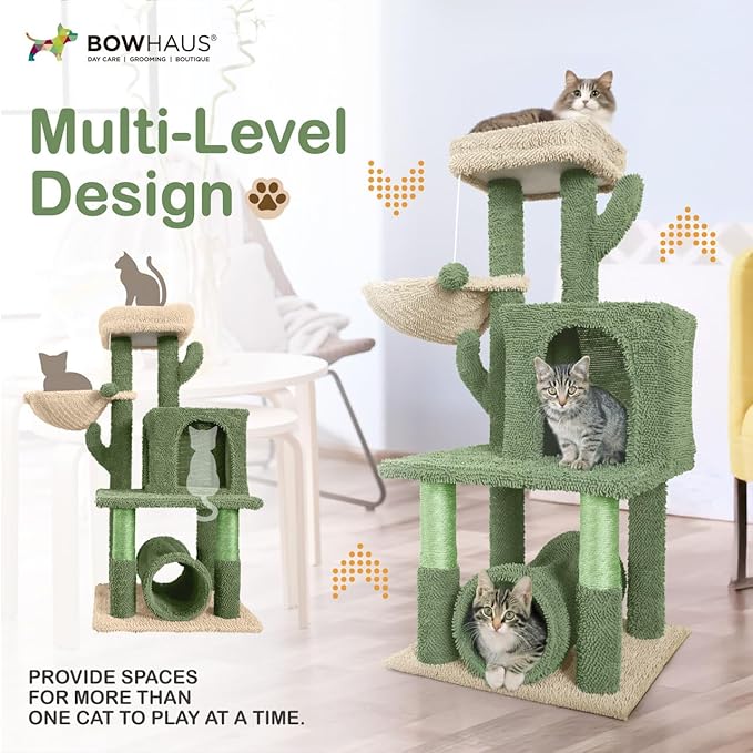 CAPHAUS Cactus Cat Tower for Indoor Cats, Cute 40-Inch Small Cactus Cat Tree w/Widened Perch for Large Cats & Kittens, Multi-Level Cat Activity Tree w/Scratching Post, Tunnel, Basket, Cat Cave Condo