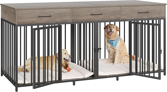 HOSTACK Double Dog Crates Furniture, 71" Wide Indoor Dog Kennel with 3 Drawers, Farmhouse Dog Cage for 2 Large/Medium Dogs, Heavy Duty Dog Crate with Removable Divider, Wooden Pet House, Ash Grey