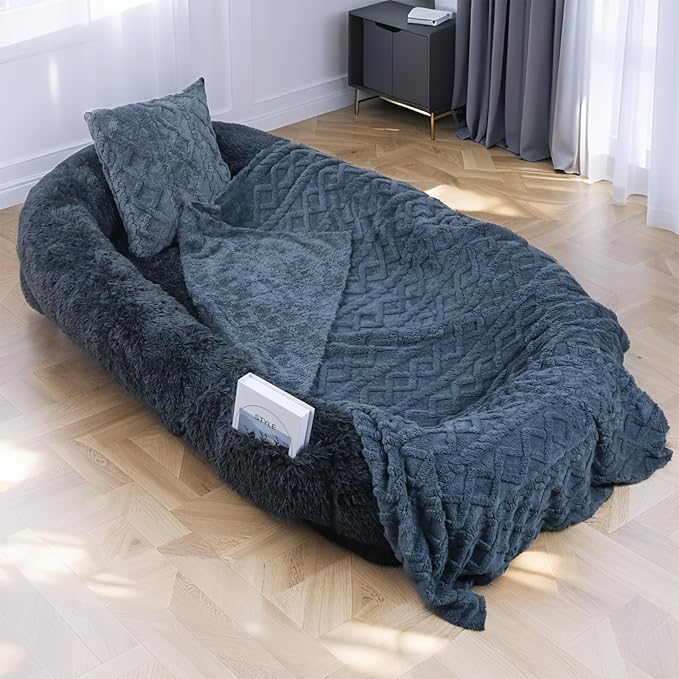 Human Dog Bed, 71''x45''x12'' Size Fits You and Pets, Washable Faux Fur Pet Bed for People Doze Off, Napping Orthopedic Dog Bed, Present Plump Pillow, Blanket, Strap - Dark Grey