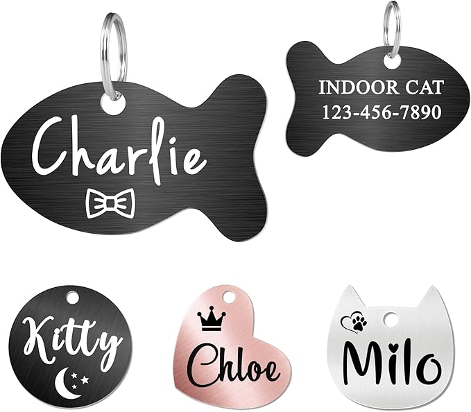 Ultra Joys Cat ID Tag Personalized Pet Tags, Durable Stainless Steel Small Pet Mini Dog Cat Tag Lightweight - Fish Tag in Black