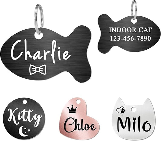 Ultra Joys Cat ID Tag Personalized Pet Tags, Durable Stainless Steel Small Pet Mini Dog Cat Tag Lightweight - Fish Tag in Black