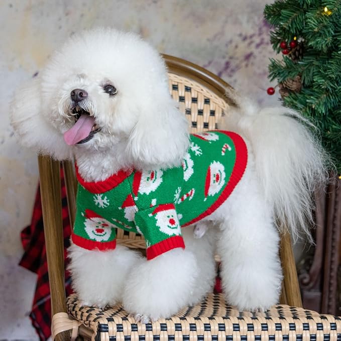 CuteBone Christmas Green Dog Sweater for Small Dogs Santa Claus Knit Turtleneck Pet Winter Clothes Cat Apparel with Harness Hole
