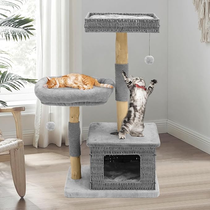 Modern Cat Tree for Large Cats - Multi-Level Wooden Tower with Scratching Posts, Large Jumping Platforms, Hanging Toy - Modern Luxury Cat Furniture for Indoor Cats-Grey