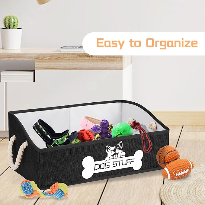 Collapsible Fabric Dog Toy Box and Storage Bin With Handle - Trapezoid Basket Chest Organizer for Pet Toys, Blankets and Accessories, Black