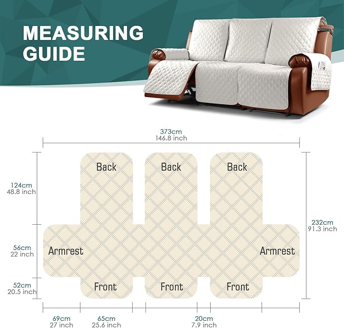 Ruaozz Waterproof Recliner Couch Covers 1-Piece Sofa Covers Washable Recliner Covers Non-Slip Furniture Protector with Elastic Straps Pocket for Kids, Pets(Beige, 3 Seater)