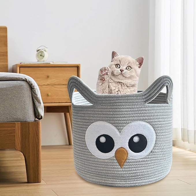 VK VK·LIVING Owl Storage Basket for Gift Foldable Cute Nursery Animal Toy Basket with Handles, Large Cotton Rope Baby Laundry Storage Organizer for Blanket Towels in Living Room Bedroom 15"Lx14"H