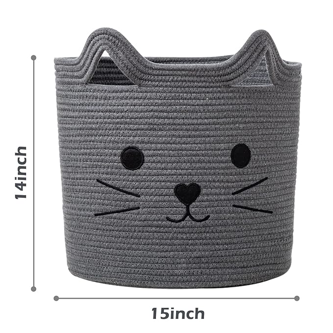 VK VK·LIVING Large Basket for Organizing Cute Animal Storage Baskets Cat Toy Storage Woven Cotton Rope Hamper Organizer for Laundry, Towels, Blanket, Toys, Clothes, Gifts, Pet Bed 15''x14''