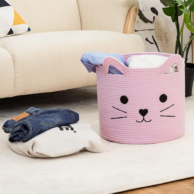 VK VK·LIVING Cat Toy Basket Cute Cotton Rope Animal Storage Pink Laundry Baskets for Toys, Clothes,Gifts,Towels, Blankets, Pet Bed Pink Laundry Hamper for Organizing 15''x14''