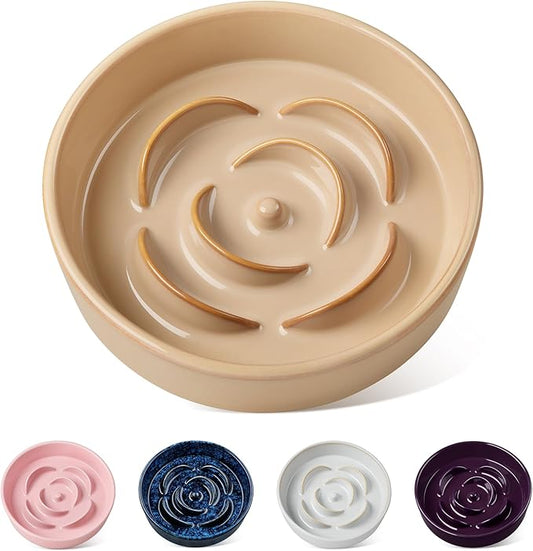 vancasso Slow Feeder Dog Bowl, 0.6 Cups Ceramic Dog Food Dish for Fast Eaters Small Breed, Puzzle Bowl for Small Dogs and Cats, Khaki