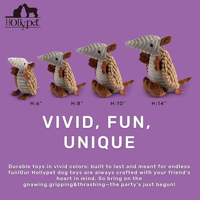 Hollypet Plush Dog Squeaky Toy Stuffed Armadillo Animal Pet Puppy Chew Toys with Clean Teeth for Small Medium Large All Breed Sizes Dogs, Light Brown, 10 in