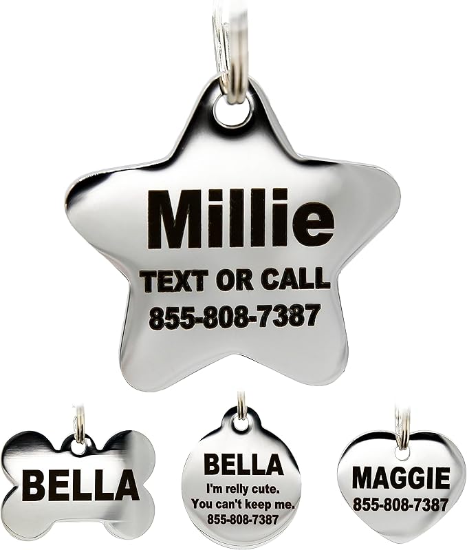 Stainless Steel Pet ID Tags - Engraved Personalized Dog Tags, Cat Tags Front & Back up to 8 Lines of Text – Bone, Round, Heart, Flower, Badge, House, Star, Rectangle, Bow Tie