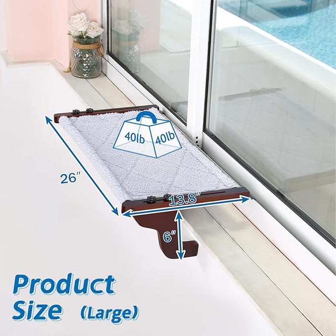 Zakkart 2PC Easy Seat Cat Perch for Window Sill - Hammock Design w/Pine Wood & Robust Metal Frame - Cat Window Seat for Large Cats and Kittens (Dark Stained Wood w/Gray Bed, Large (26''W x 14''D)