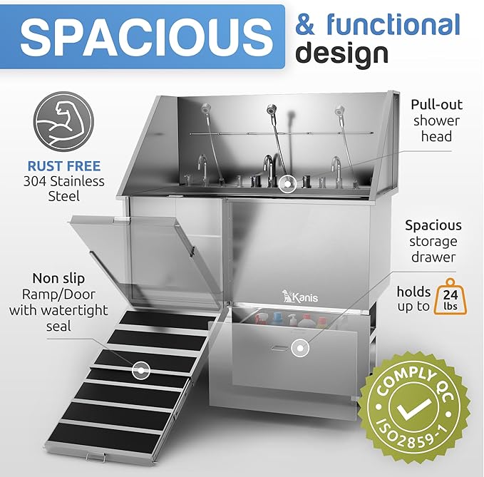 KANIS - 50" Professional Stainless Steel Dog Bathing Station, Left RAMP + 49" Professional Electric Dog Grooming Table, Black