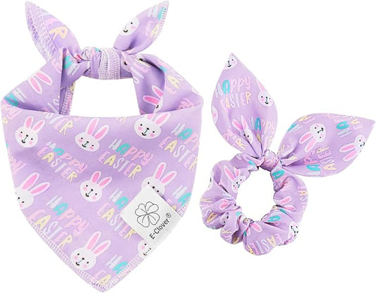 E-Clover Easter Dog Bandana & Matching Scrunchie-Bunny Dog Bandanas Pet Scarf Bib for Samll Dogs Puppy Girl Boy Owner Gift Purple