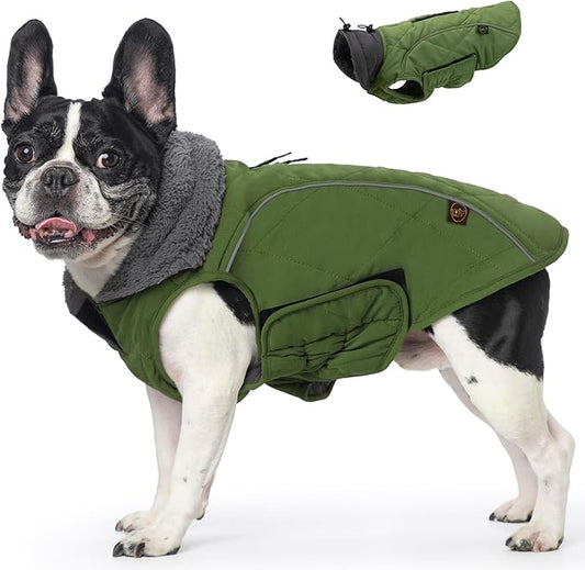 EMUST Winter Dog Coat for Medium Boys - Thick Clothes with Harness Hole for Cold Weather, Green, M