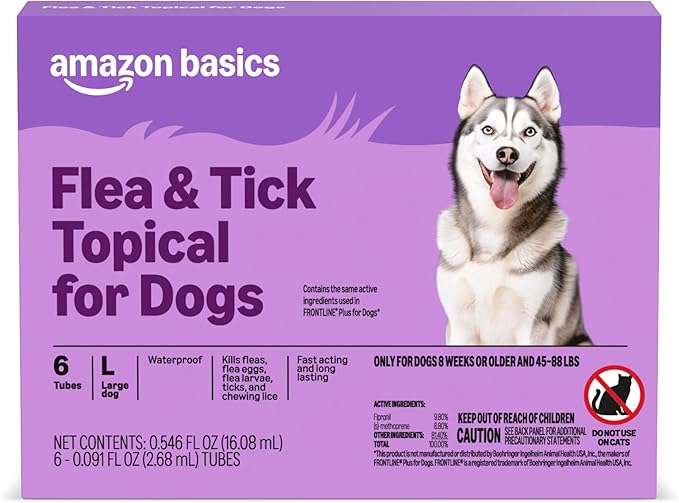 Amazon Basics Flea and Tick Topical Treatment for Large Dogs (45-88 pounds), Unscented, 6 Count, Packaging May Vary