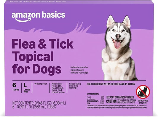 Amazon Basics Flea and Tick Topical Treatment for Large Dogs (45-88 pounds), Unscented, 6 Count, Packaging May Vary