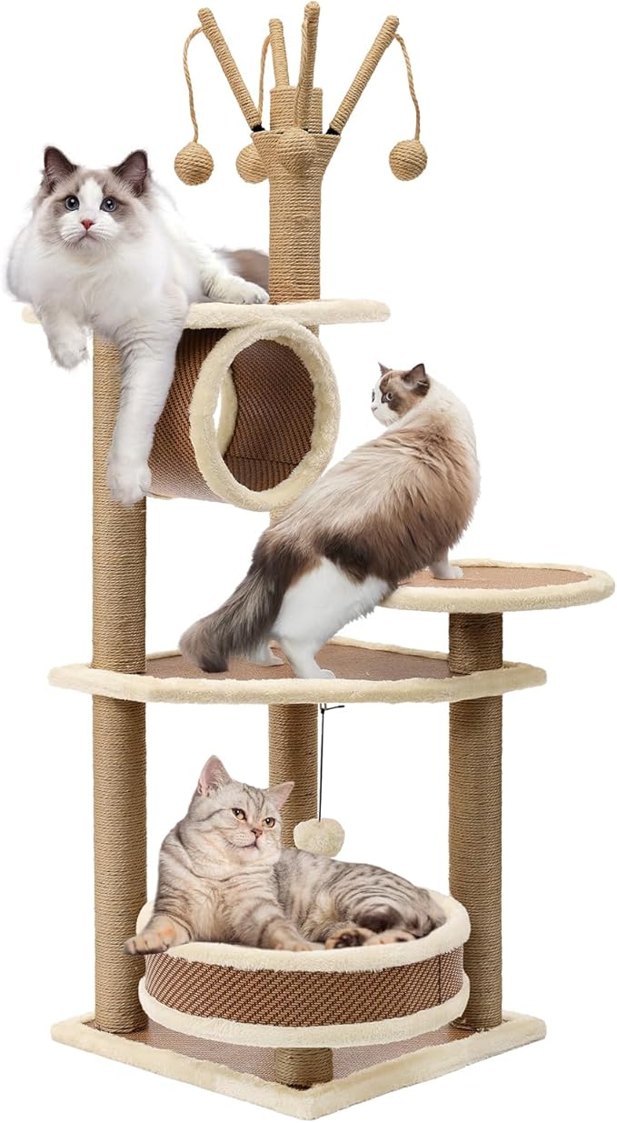 Modern Rattan Cat Tree House Condo Tall Heavy Duty Cat Climbing Tower with Scratching Post,Basket,Bed,and Stand for Indoor Large Adult Cat
