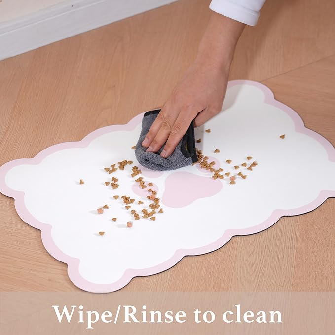 Ralxion Scalloped Dog Feeding Mat, Absorbent Mats for Dog Food and Water Bowl, Dispenser, Cute Elegant Aesthetic Preppy Pastel Pink Scallop Pet Placemat for Dogs, Cats, Puppy Accessories, 14" X 19”