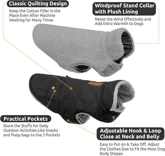 Queenmore Dog Winter Coat Warm Puffer Jacket Waterproof Plush Lining Thermal Cold Weather Vest for Small Medium Large Dogs, Windproof Easy On Pet Jacket Black L