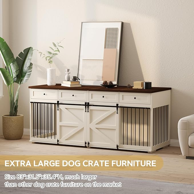 Dog Crate Furniture - Indoor Wooden Dog Kennel Furniture with 4 Drawers & 2 Sliding Barn Doors - for Small Medium Large Dogs - 83" Lx31.5 Wx35.6 H, White