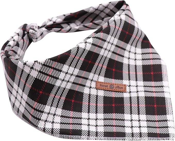 Lionet Paws Dog Bandana Washable Cotton Handkerchief Scarf Triangle Bandana for Small Medium Large Dogs Black Grid