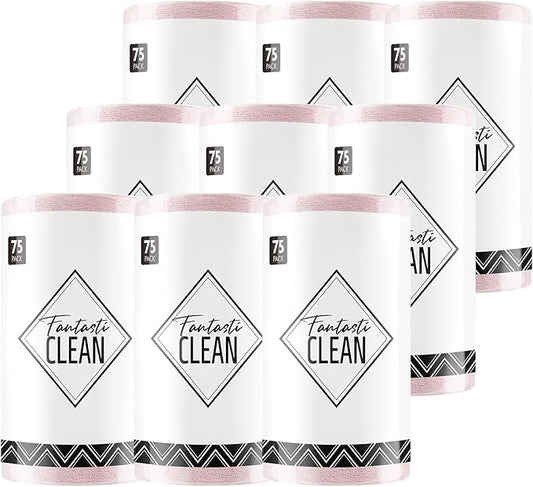 Fantasticlean Microfiber Cleaning Cloth Roll -675 Pack, Tear Away Microfiber Towels, 12" x 12", Reusable, Washable, Ultra Absorbent Dishcloth for Home Supplies, Car, Shop (9 Rolls of Pink)