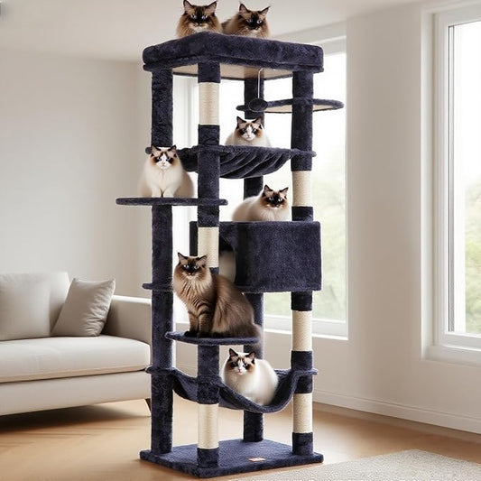 Heybly Cat Tree for Large Cats 20 lbs Heavy Duty,69 inches XXL Cat Tower for Indoor Cats,Multi-Level Furniture Condo with Big Padded Plush Perch,Cozy Basket HCT031G