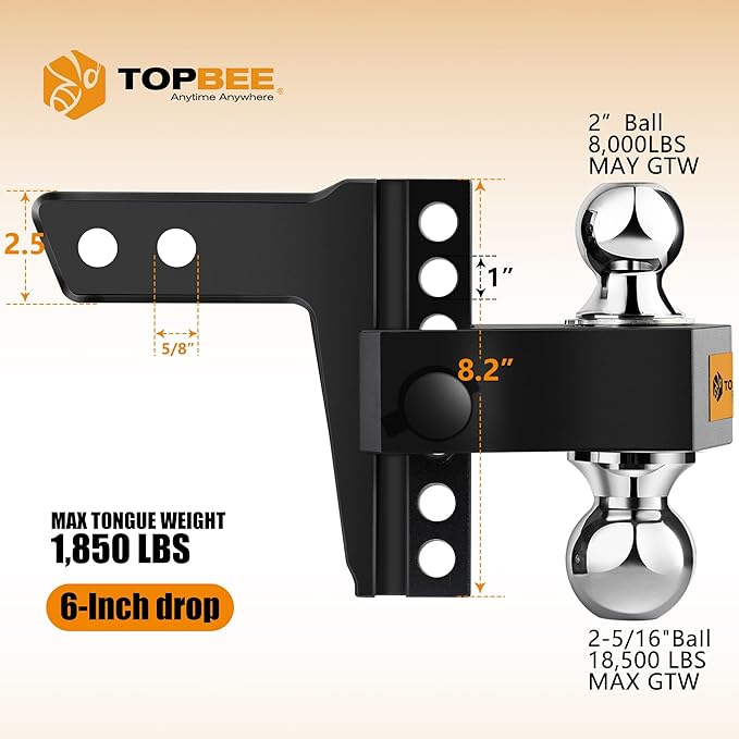 Tow Hitch- Fits 2.5'' Receiver Only, 6'' Drop/Rise Drop, Dual Ball (2'' X 2-5/16''), Adjustable Aluminum Trailer Hitch for Heavy Duty Truck -18,500 Gtw with Trailer Locks