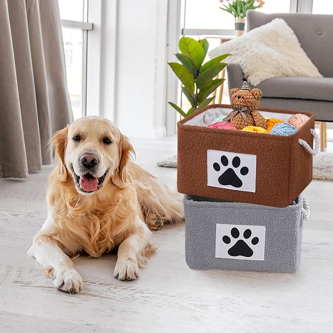 COMFY HOMI 2Pcs Dog Toy Basket with Metal Collapsible Pet Toy Storage Organizer with Handles-Soft Polyester Fleece Fabric Bin Storage Basket for Shelves, Toys Storage Organization 15"x10.2"x9.5"-Brown