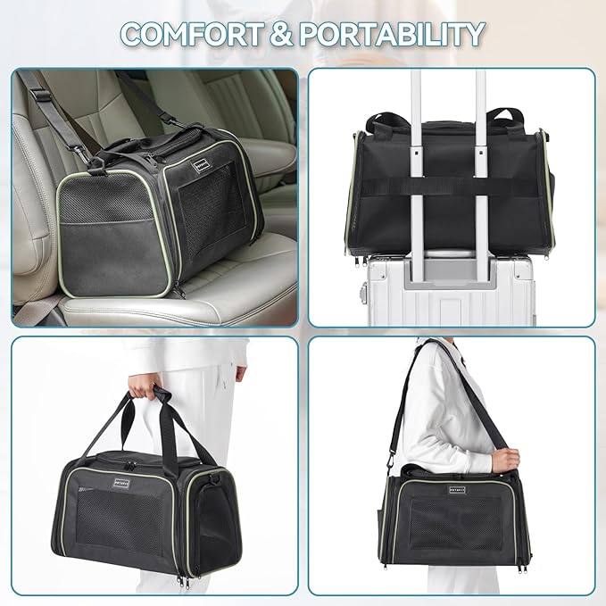 PETSFIT Pet Carrier Airline Approved with Extendable Mat, Dog Carriers for Small Dogs, TSA Approved Pet Carrier, Puppy Carrier for Small and Medium Cats Under 12 Lbs, Black
