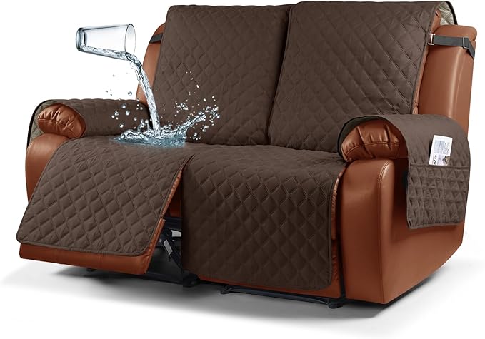 Ruaozz Waterproof Recliner Sofa Cover 1-Piece Couch Covers for Reclining Couches Reclining Sofa Cover Washable Furniture Protector with Elastic Straps Pocket for Kids, Pets (Dark Brown, 2 Seater)
