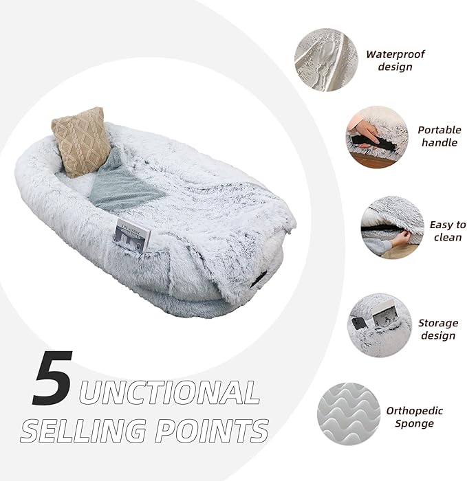 Human Dog Bed, 71''x45''x12'' Size Fits Adult and Pet Washable Giant People DogBed 10 CM Thick Memory Foam Large Oversize Dog Bed with Plump Pillow, Blanket, Strap - Grey