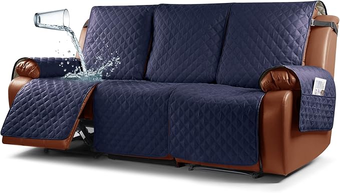 Ruaozz Waterproof Recliner Couch Covers 1-Piece Sofa Covers Washable Recliner Covers Non-Slip Furniture Protector with Elastic Straps Pocket for Kids, Pets(Dark Blue, 3 Seater)