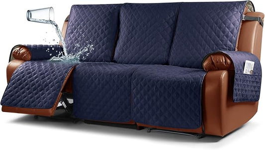 Ruaozz Waterproof Recliner Couch Covers 1-Piece Sofa Covers Washable Recliner Covers Non-Slip Furniture Protector with Elastic Straps Pocket for Kids, Pets(Dark Blue, 3 Seater)